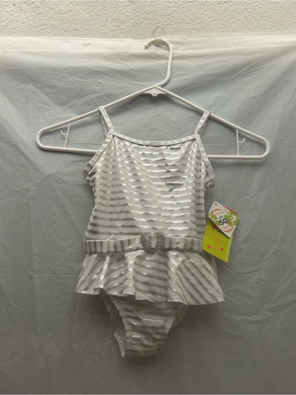 Penelope Mack Silver and White Striped Girls One-Piece Swimsuit with Peplum Sz 4